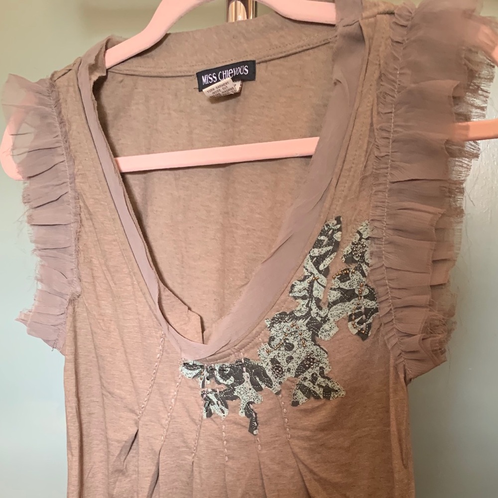 Taupe Top with Floral Detail